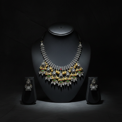 Heavy Oxidised German Silver Tribal Necklace with Pearl Drops