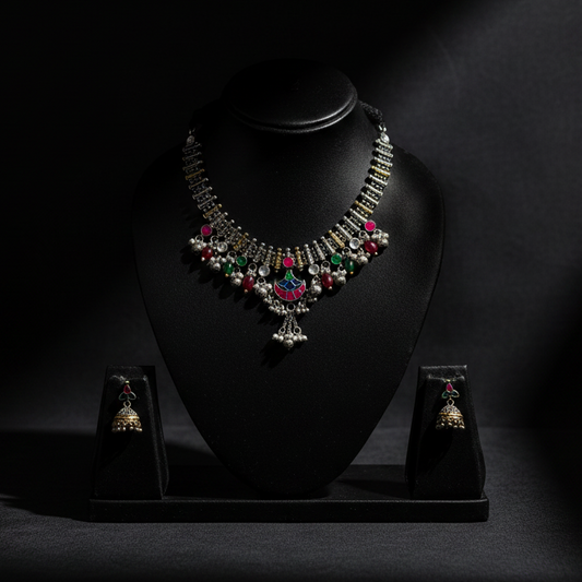 Oxidised German Silver Multicolor Stone Necklace