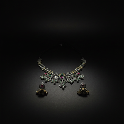 Antique Oxidised German Silver Necklace with Green Drop Pendant