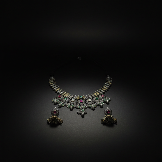 Antique Oxidised German Silver Necklace with Green Drop Pendant