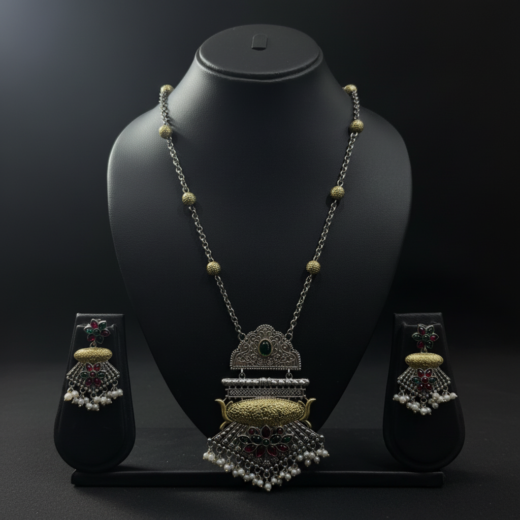 Dual Tone German Silver Oxidised Necklace Set