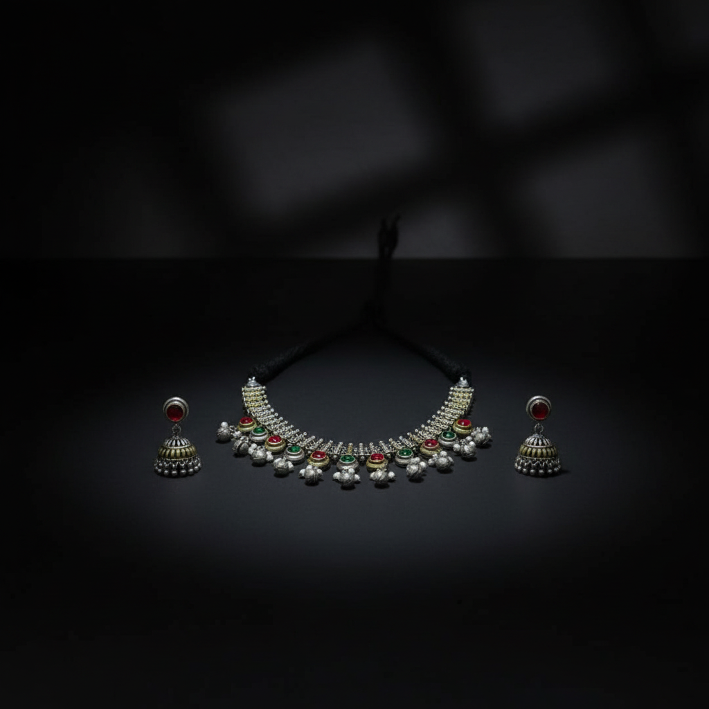 Oxidised German Silver Red Green Stone Necklace with Ghungroo Drops