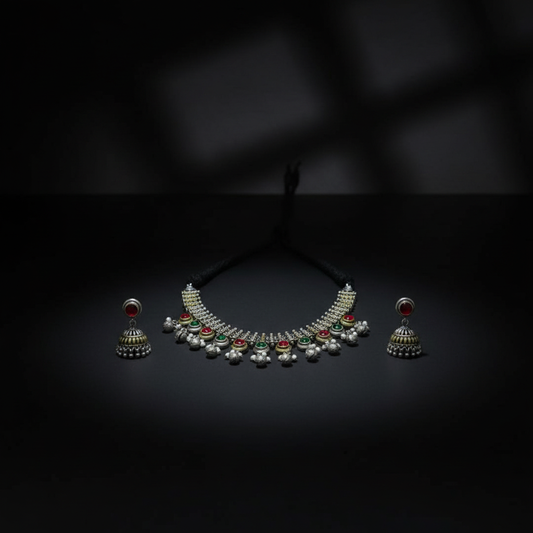 Oxidised German Silver Red Green Stone Necklace with Ghungroo Drops