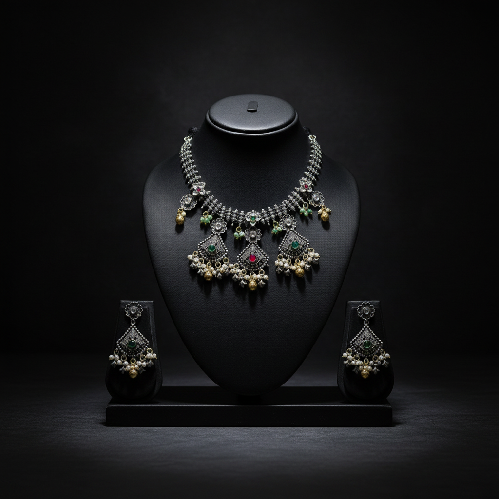 Floral Oxidised German Silver Necklace with Green & Red Stones and Pearl Drops