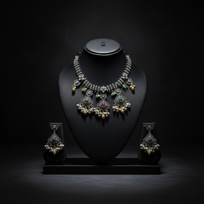Floral Oxidised German Silver Necklace with Green & Red Stones and Pearl Drops