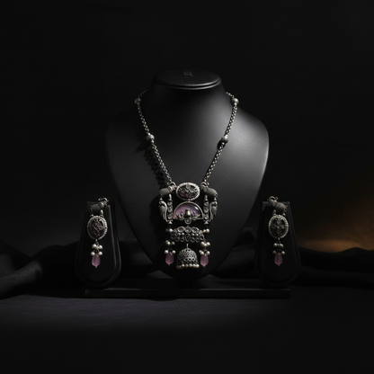 German Silver Oxidised Temple Necklace
