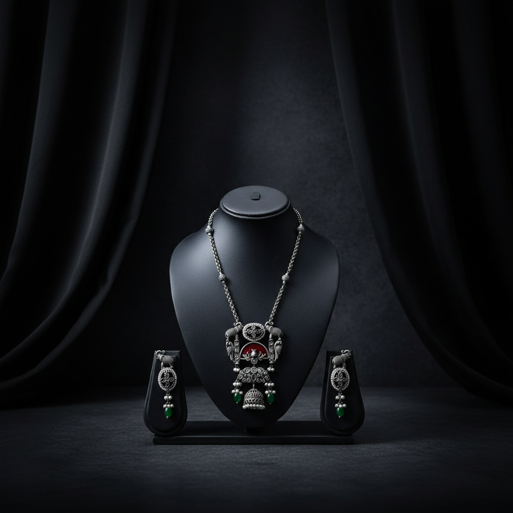 German Silver Oxidised Temple Necklace