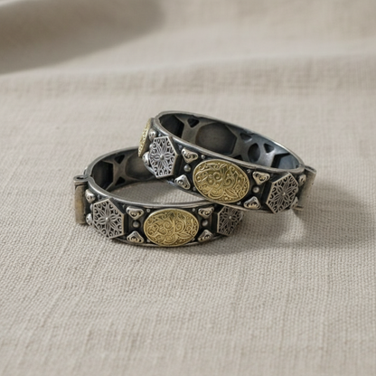2PC Openable German Silver Kada Bangles with Gold Motif & Geometric Design