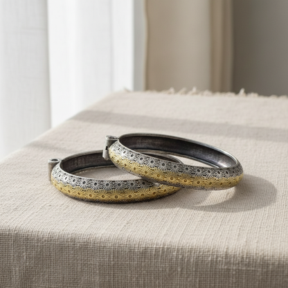 2PC Openable German Silver Kada Bangles with Gold Floral Engraving