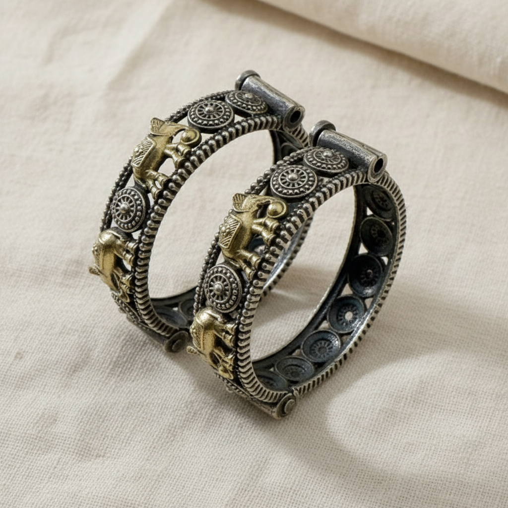 2PC Openable German Silver Elephant Kada Bangles