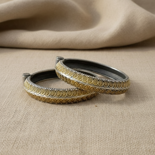 2PC Openable German Silver Kada Bangles with Gold Paisley Engraving