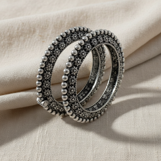 2PC Openable German Silver Floral Kada Bangles