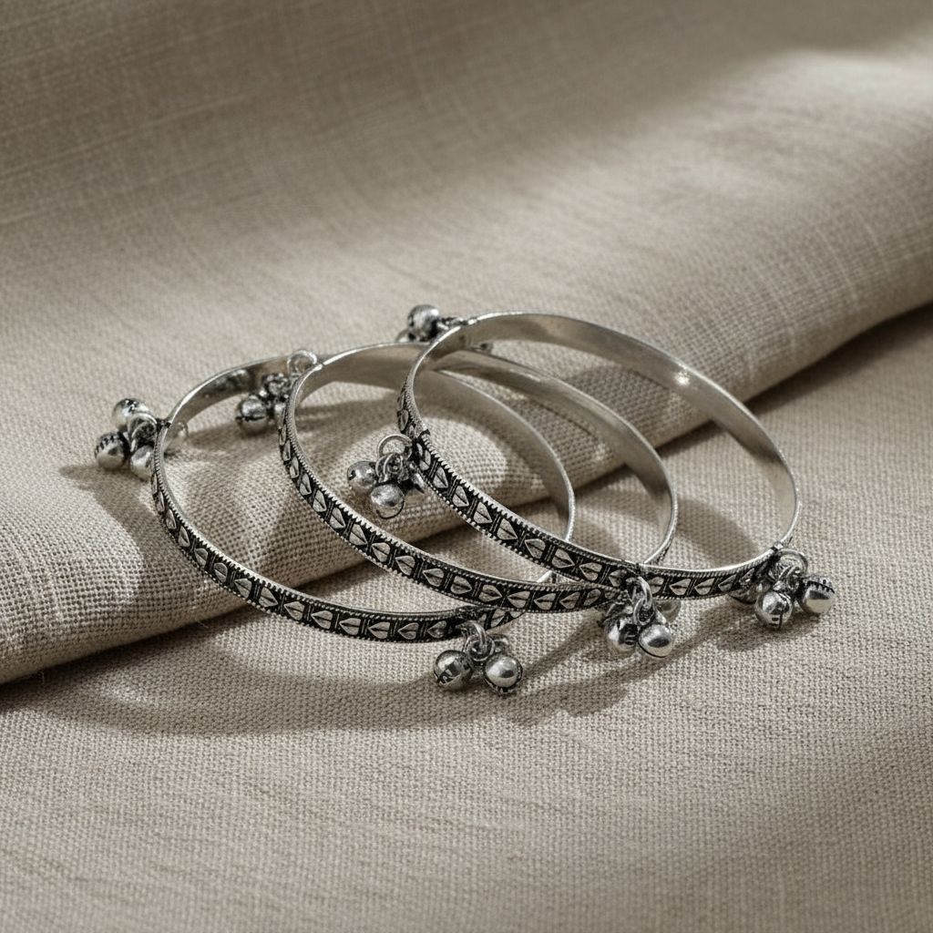 4PC Oxidised Silver Ghungroo Bangles Set