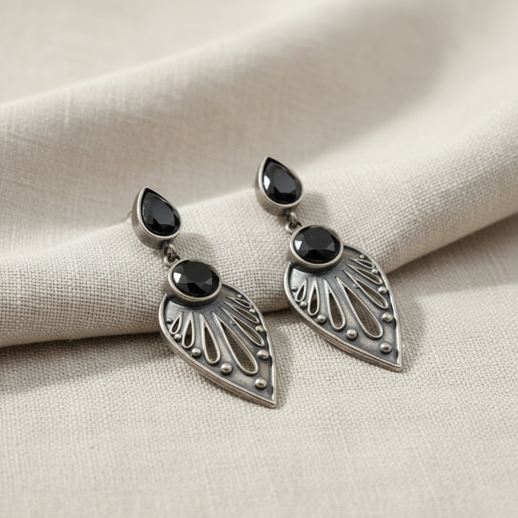 Oxidised German Silver Teardrop Earrings with Dual Stone Detail