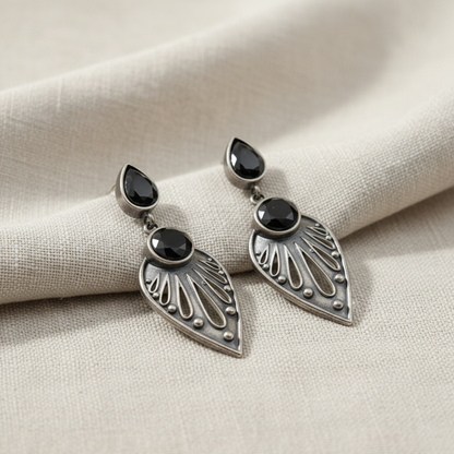 Oxidised German Silver Teardrop Earrings with Dual Stone Detail