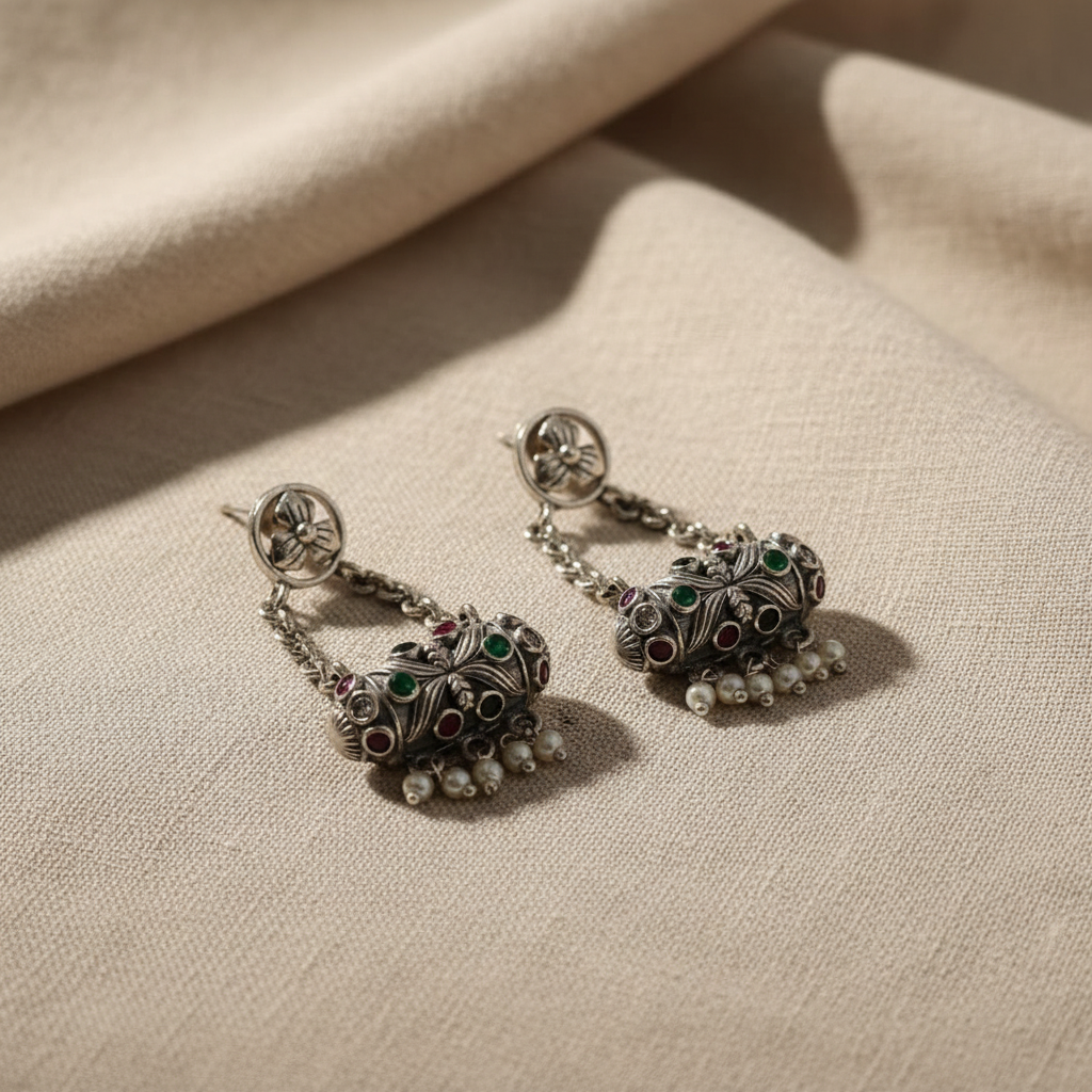 Oxidised German Silver Chain Drop Earrings with Pearl Danglers