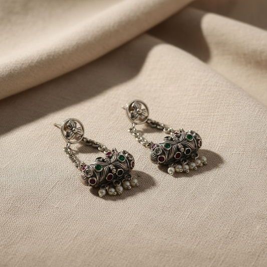 Oxidised German Silver Chain Drop Earrings with Pearl Danglers