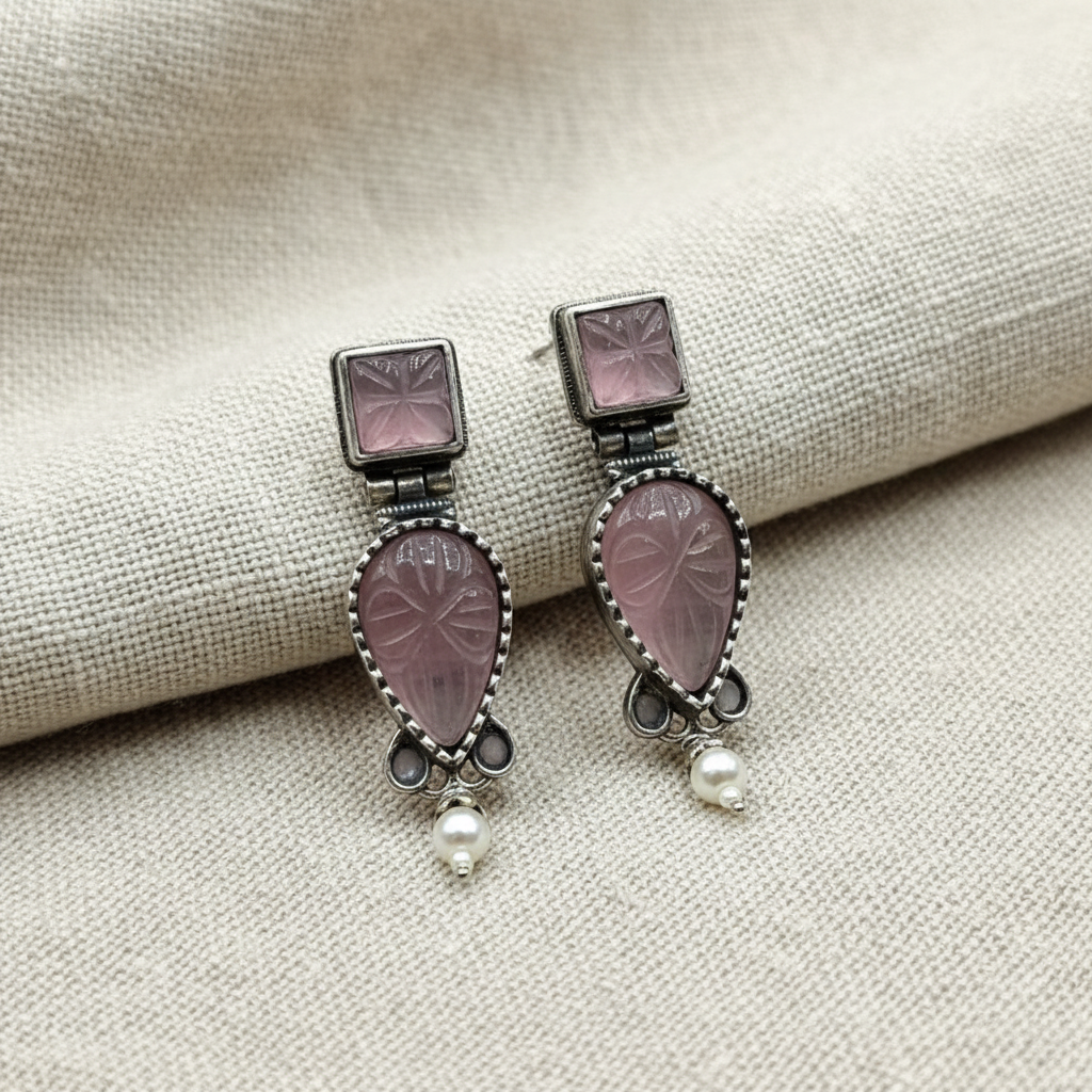 Oxidised German Silver Leaf Drop Earrings with Green/Pink Stone & Pearl