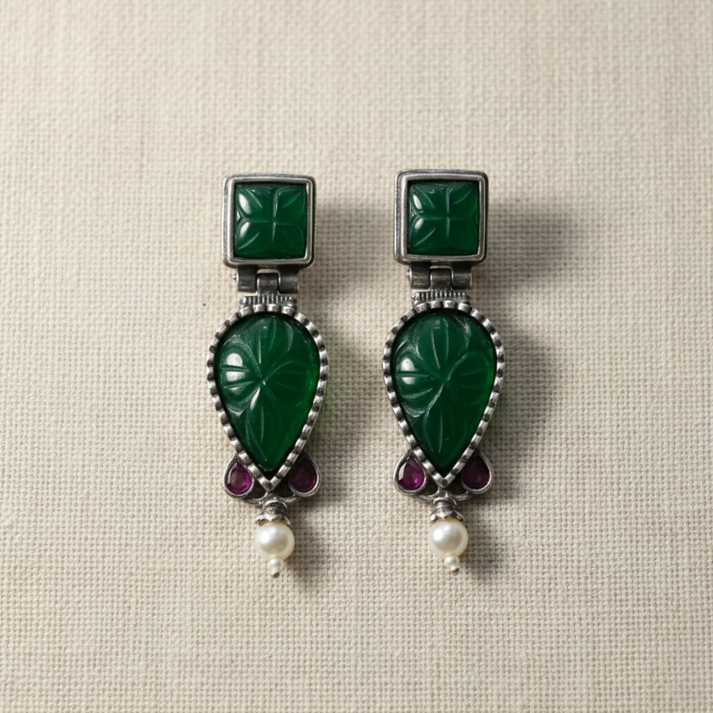Oxidised German Silver Leaf Drop Earrings with Green/Pink Stone & Pearl