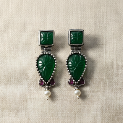 Oxidised German Silver Leaf Drop Earrings with Green/Pink Stone & Pearl