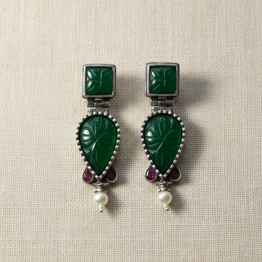 Oxidised German Silver Leaf Drop Earrings with Green/Pink Stone & Pearl