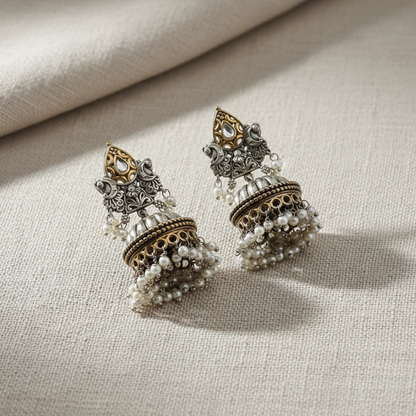 Oxidised German Silver Heavy Jhumka Earrings with Pearl Cluster