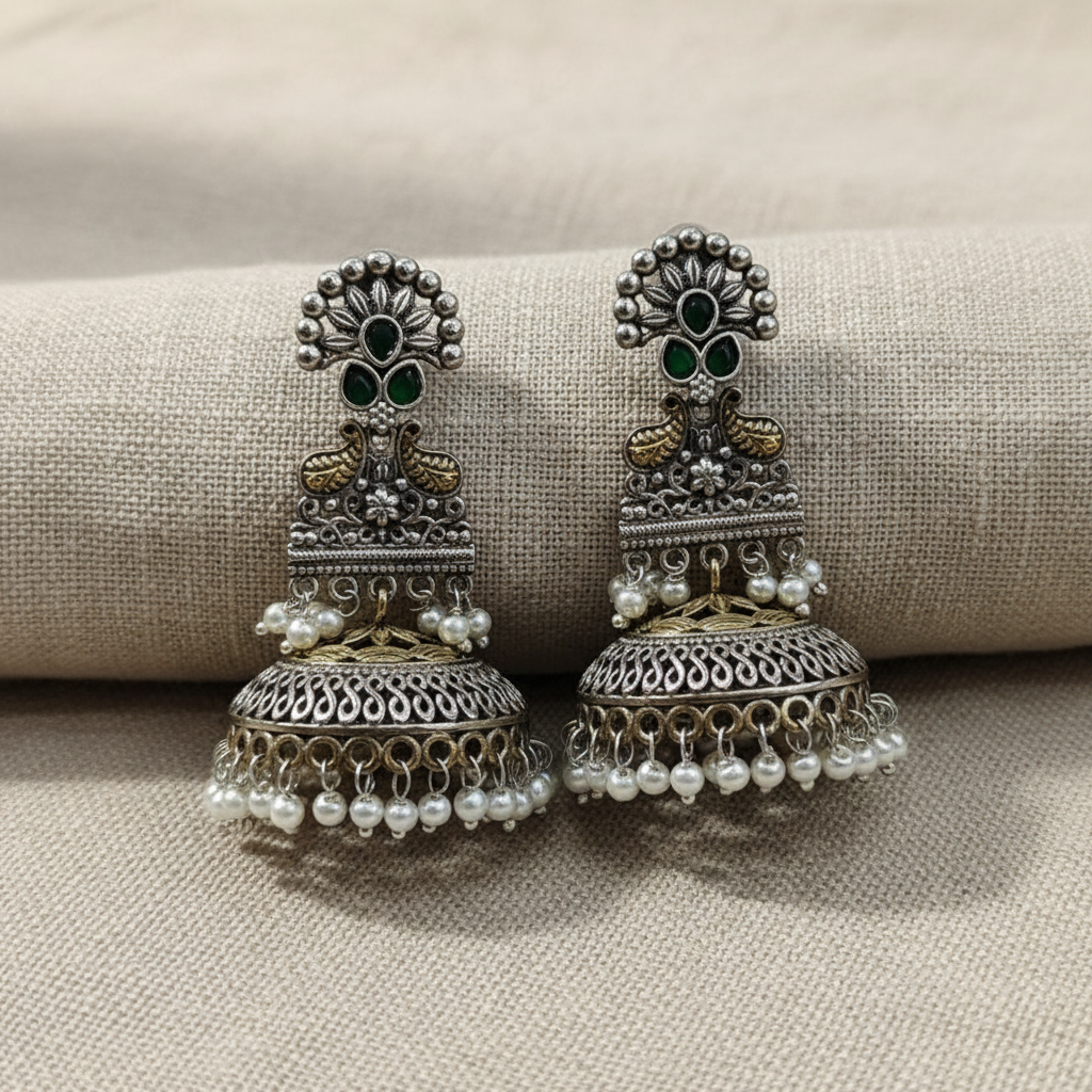 Oxidised German Silver Pearl Drop Jhumka Earrings