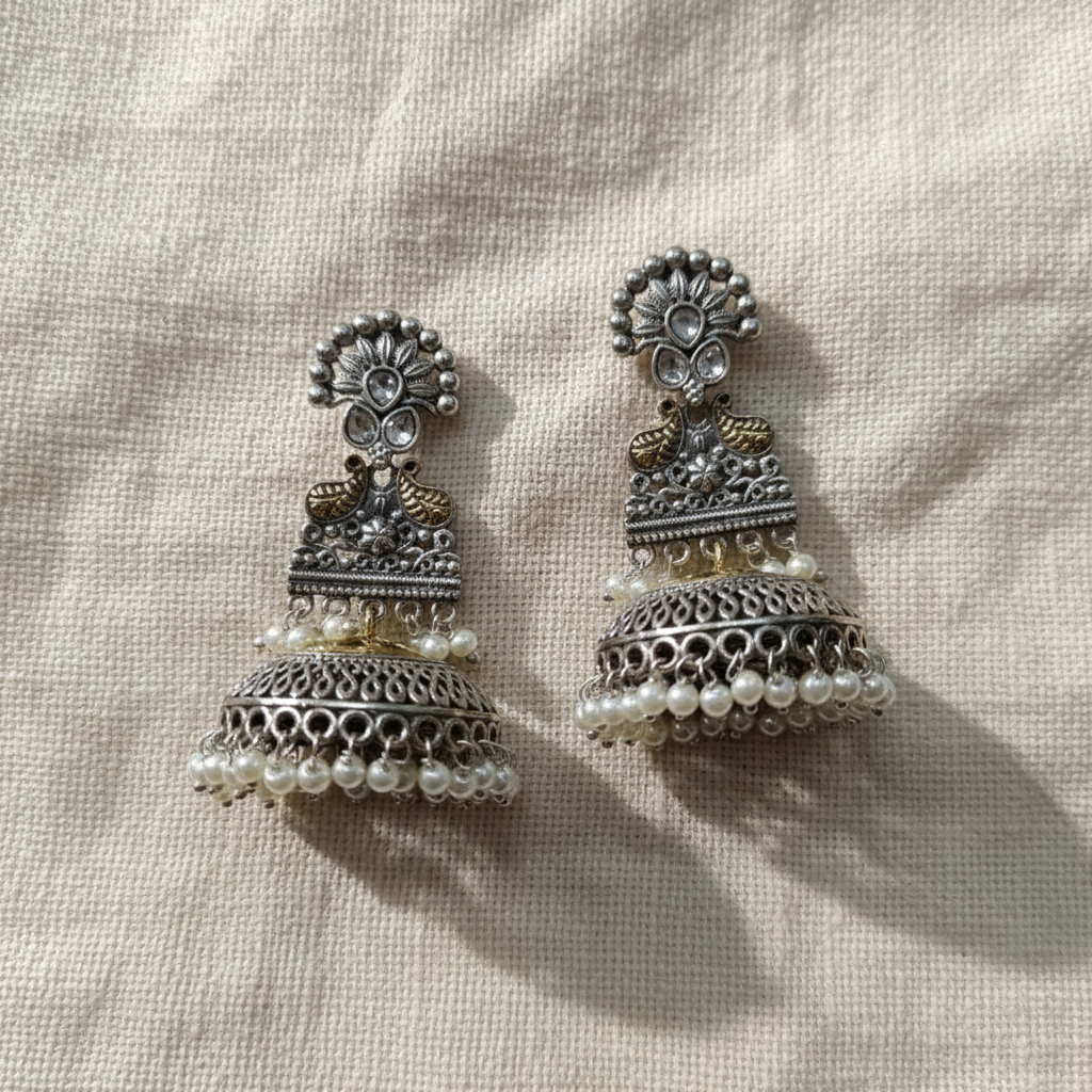 Oxidised German Silver Pearl Drop Jhumka Earrings