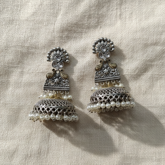 Oxidised German Silver Pearl Drop Jhumka Earrings