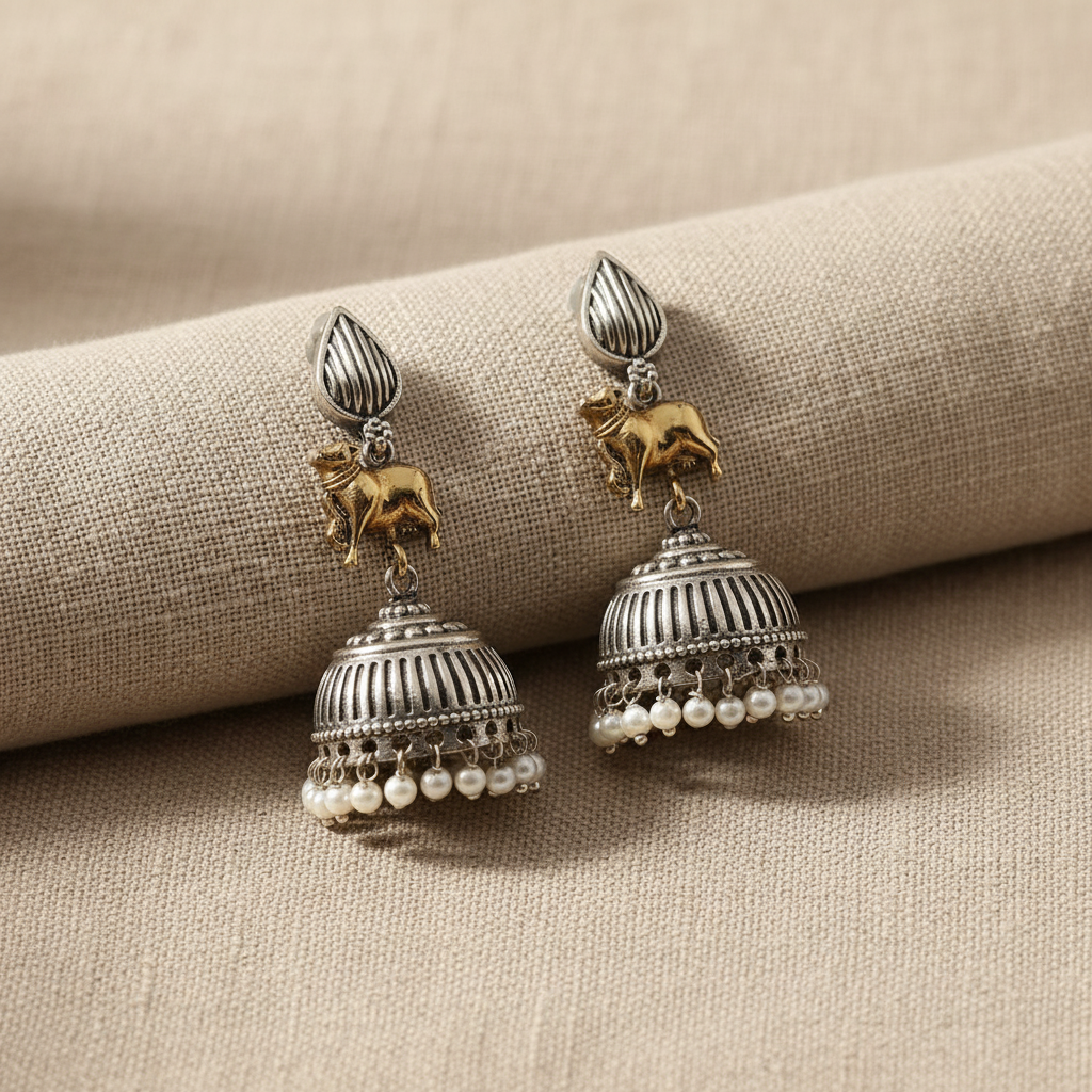 Oxidised German Silver Cow Motif Jhumka Earrings with Pearl Danglers