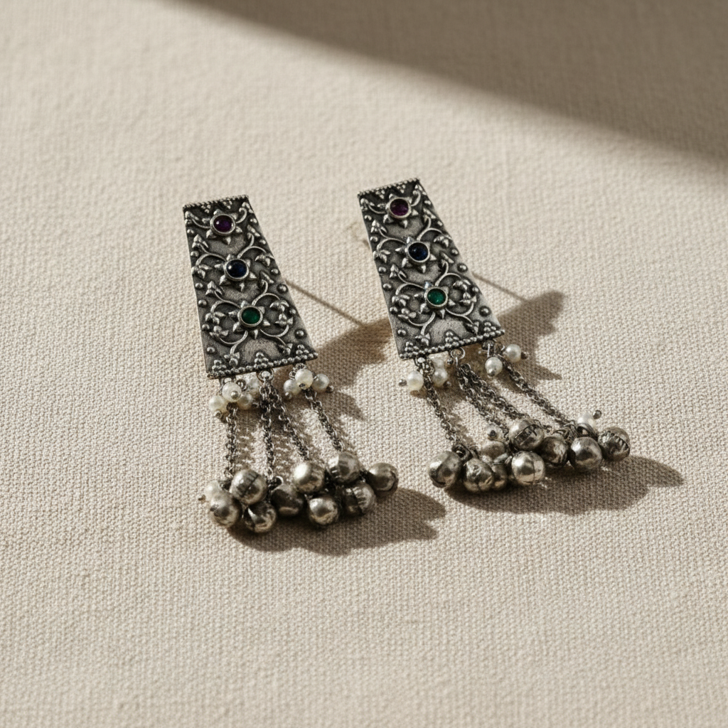 Oxidised German Silver Long Dangler Earrings with Chain Tassels & Ghungroo
