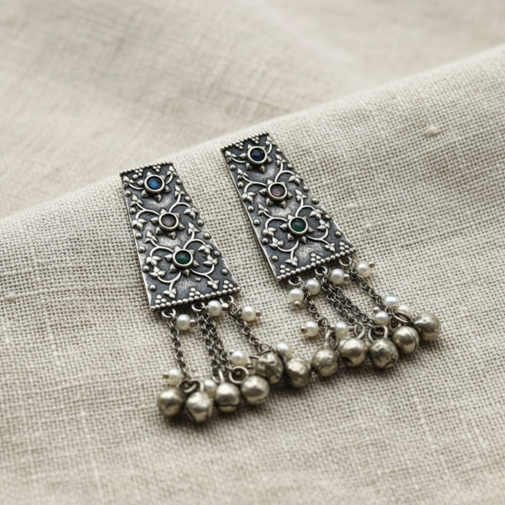Oxidised German Silver Long Dangler Earrings with Chain Tassels & Ghungroo