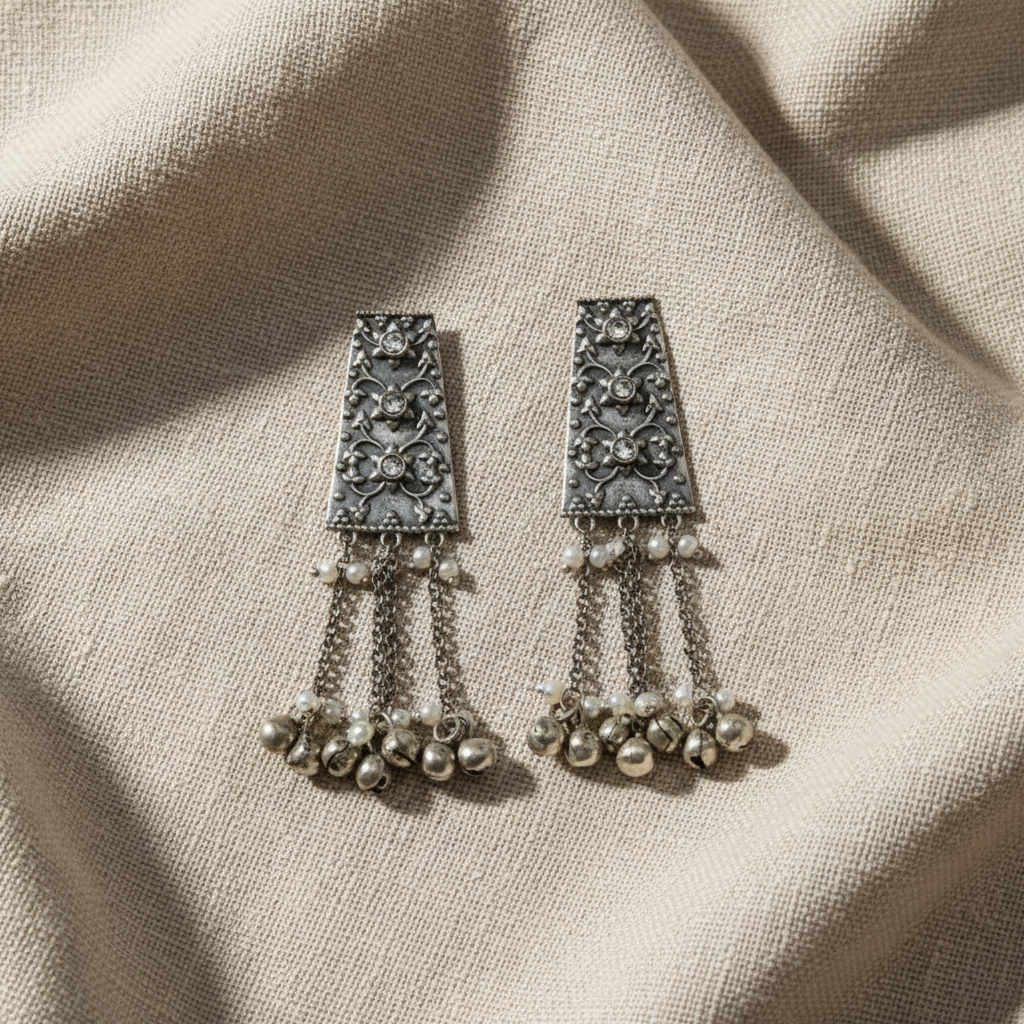 Oxidised German Silver Long Dangler Earrings with Chain Tassels & Ghungroo