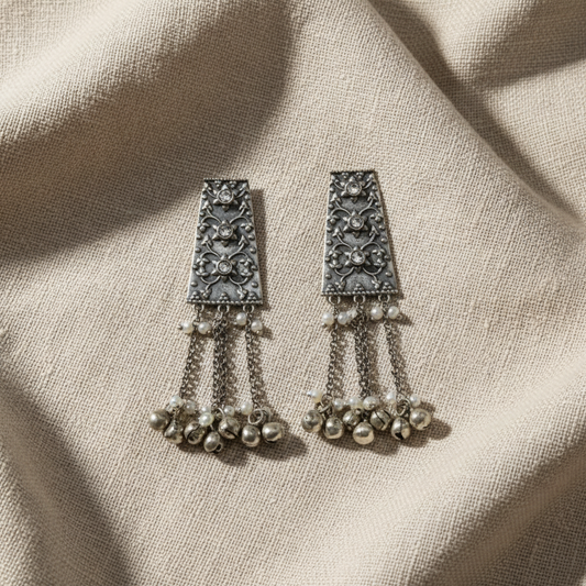 Oxidised German Silver Long Dangler Earrings with Chain Tassels & Ghungroo