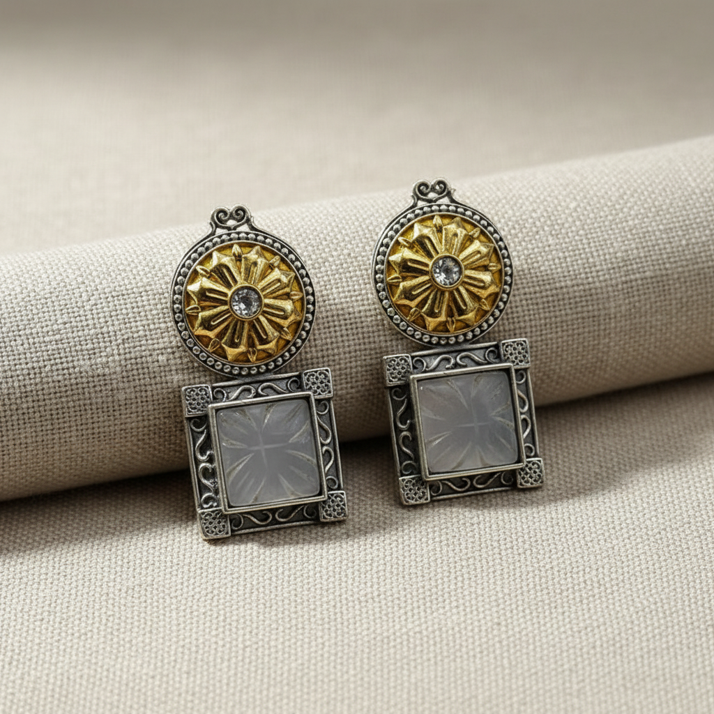 Oxidised German Silver Dual Tone Square Stud Earrings with Floral Top