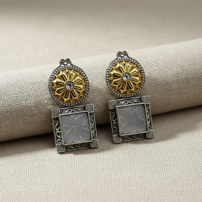 Oxidised German Silver Dual Tone Square Stud Earrings with Floral Top