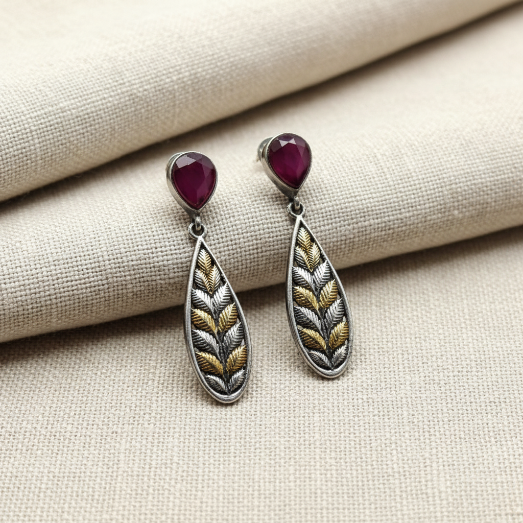 Oxidised German Silver Leaf Drop Earrings