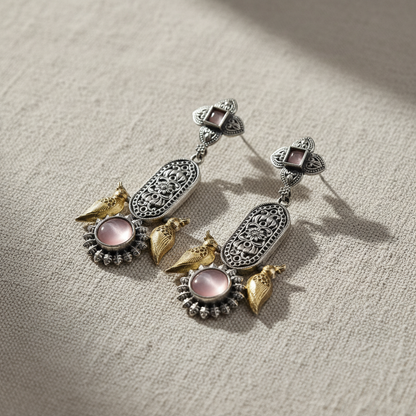 Oxidised German Silver Bird Motif Drop Earrings with Stone Center