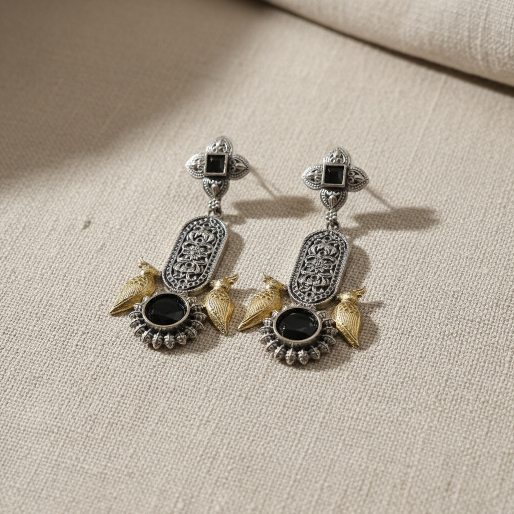 Oxidised German Silver Bird Motif Drop Earrings with Stone Center