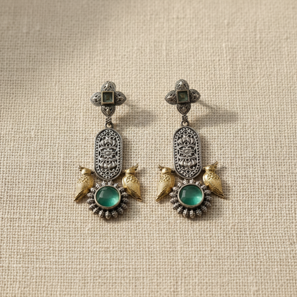 Oxidised German Silver Bird Motif Drop Earrings with Stone Center