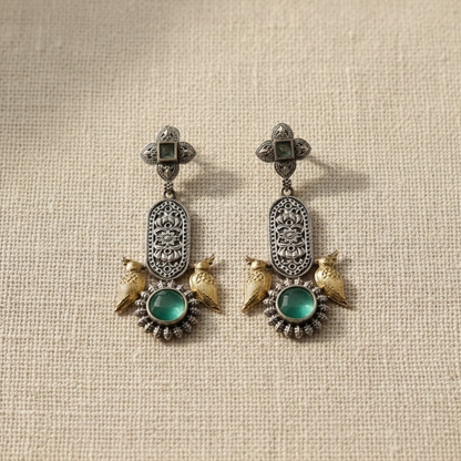 Oxidised German Silver Bird Motif Drop Earrings with Stone Center