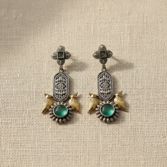 Oxidised German Silver Bird Motif Drop Earrings with Stone Center