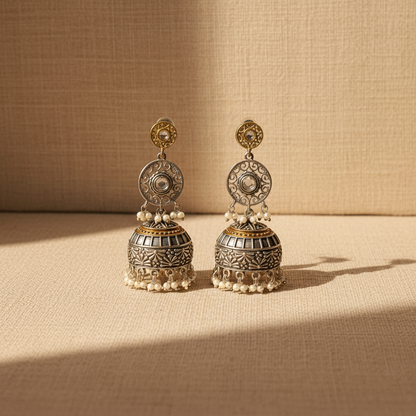Oxidised German Silver Dual Tone Jhumka Earrings with Pearl Drops