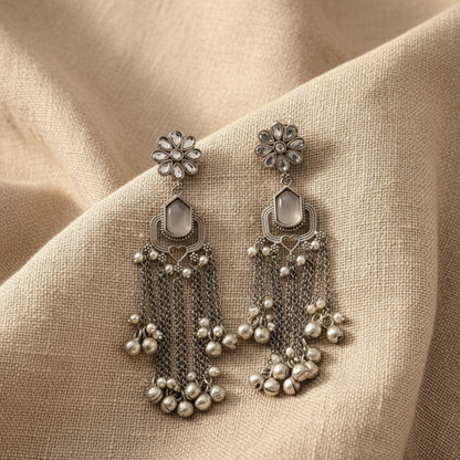 Oxidised German Silver Floral Tassel Earrings with Ghungroo & Pearl Drops