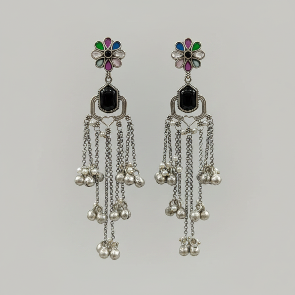 Oxidised German Silver Floral Tassel Earrings with Ghungroo & Pearl Drops
