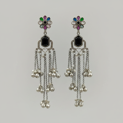 Oxidised German Silver Floral Tassel Earrings with Ghungroo & Pearl Drops