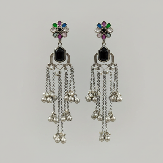 Oxidised German Silver Floral Tassel Earrings with Ghungroo & Pearl Drops