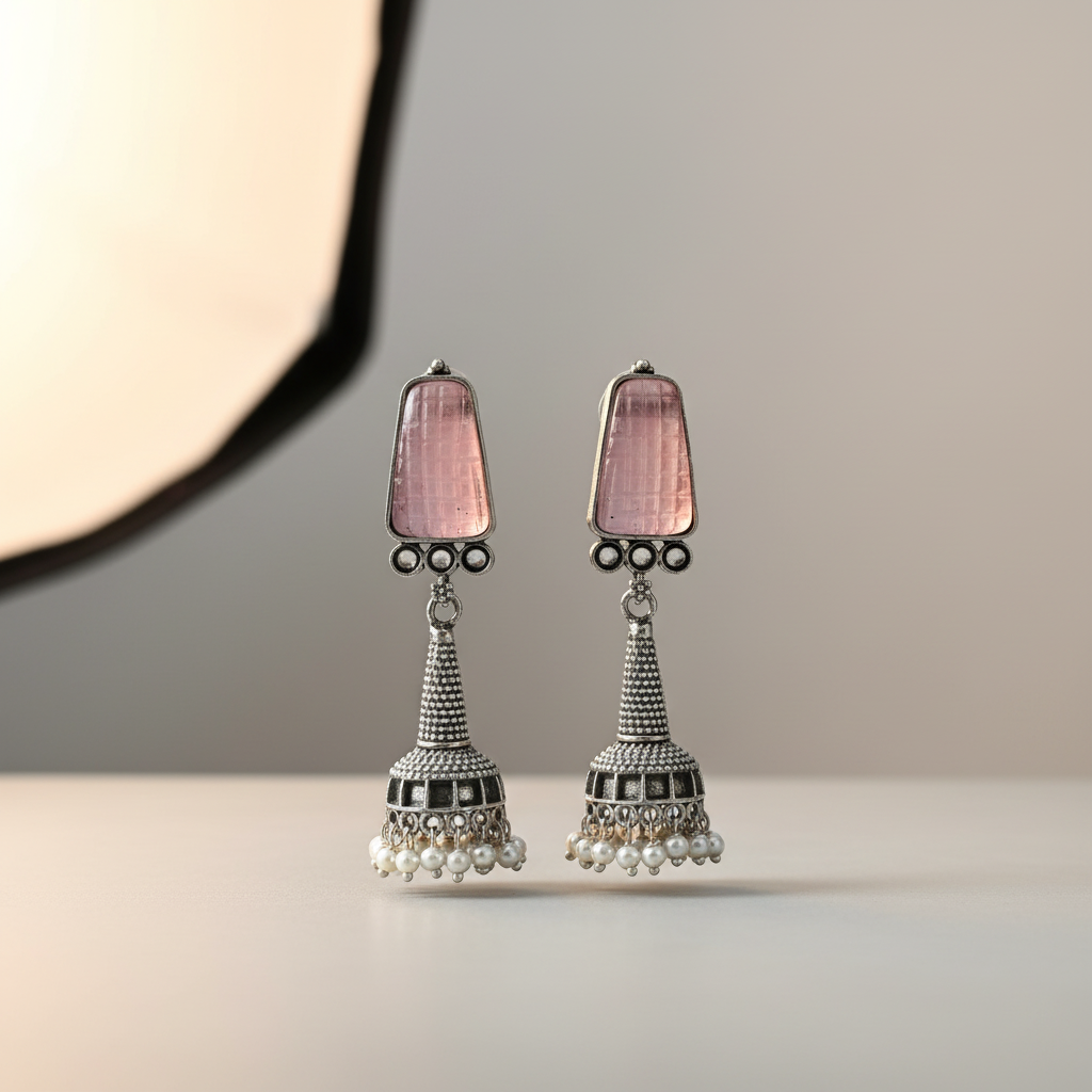 Oxidised German Silver Long Drop Jhumka Earrings with Stone Top