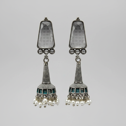 Oxidised German Silver Long Drop Jhumka Earrings with Stone Top