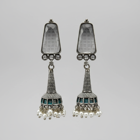Oxidised German Silver Long Drop Jhumka Earrings with Stone Top